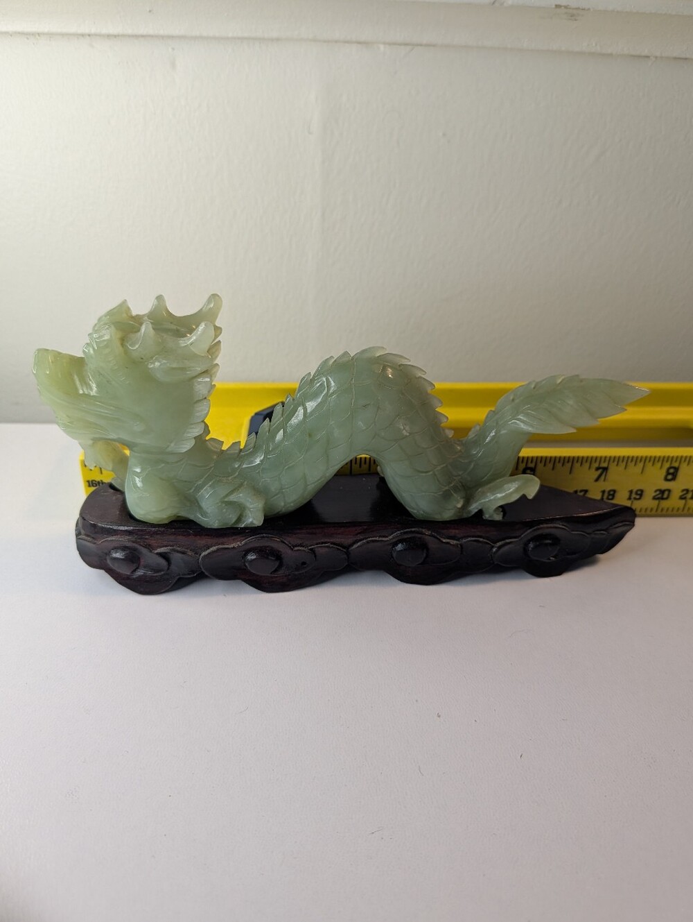Carved Green Serpentine Jade Dragon Figurine Statue with Wooden Base - Picture 16 of 16
